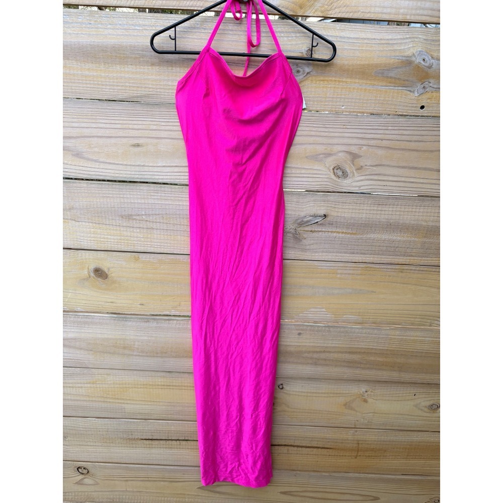 Hot Pink Halter Cowl Neck Bodycon Midi Dress Neon Barbiecore Summer Party
